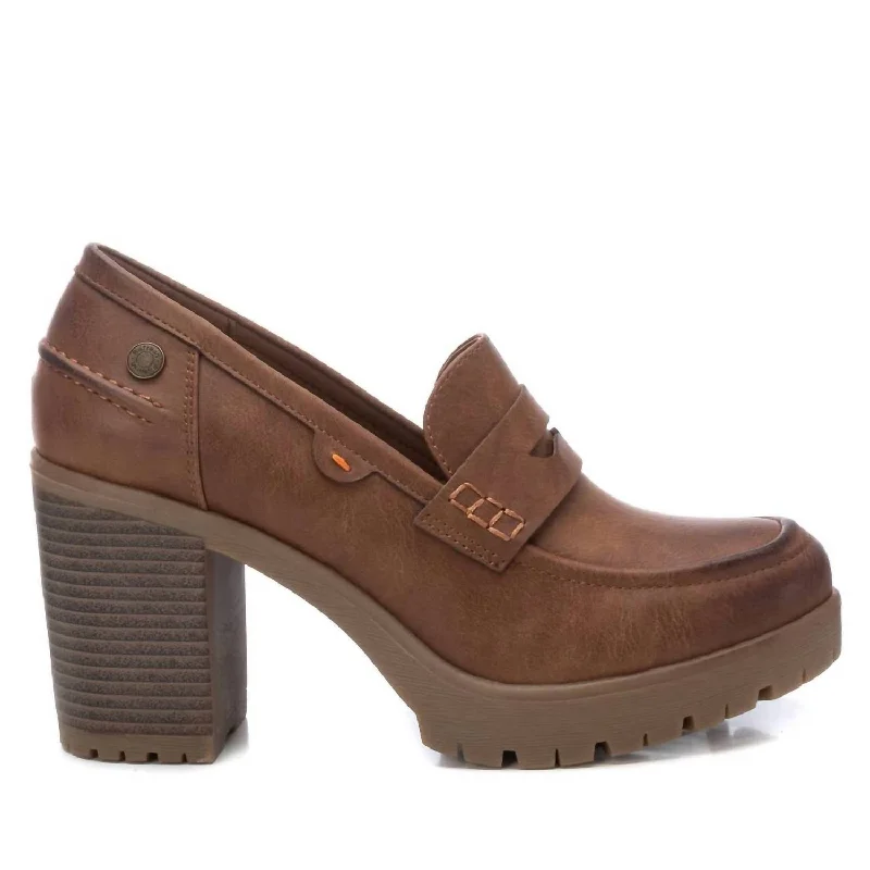 Women's Heeled Moccasins Shoes In Camel