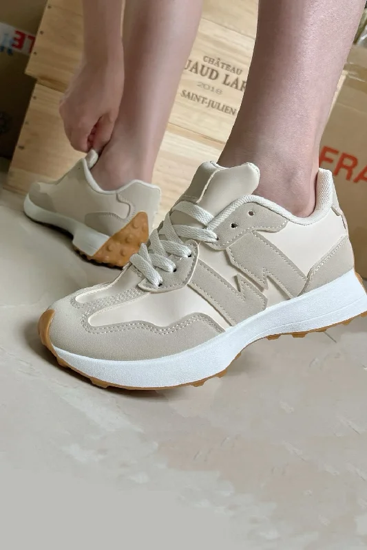 BEIGE CHUNKY DESIGNER LACE UP SNEAKERS TRAINERS