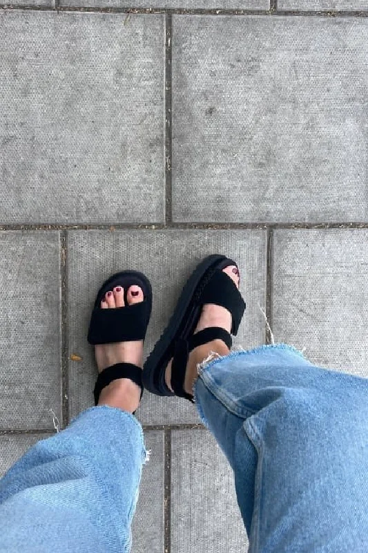 Black Suede Designer Velcro Strap Sandals