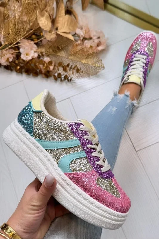 MULTI COLOUR GLITTER SPARKLY LACE UP DESIGNER TRAINERS