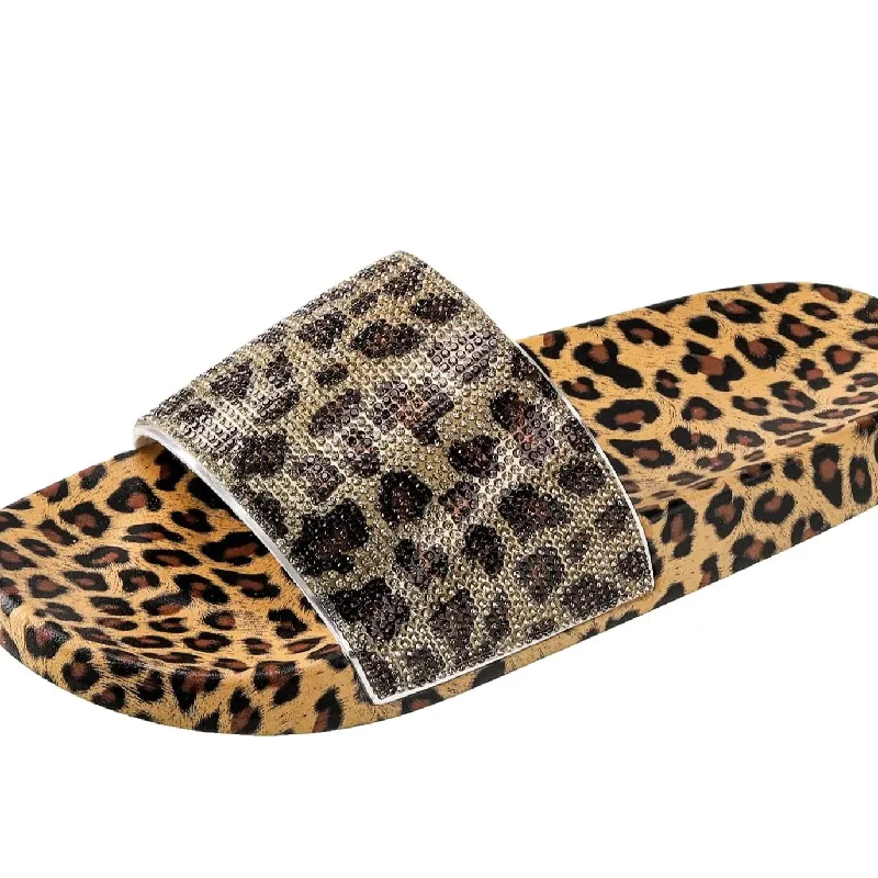 Leopard Fashion Diamond Flip Flops Slippers For Women's Flats Heels Slides doll shoe For Women And Ladies