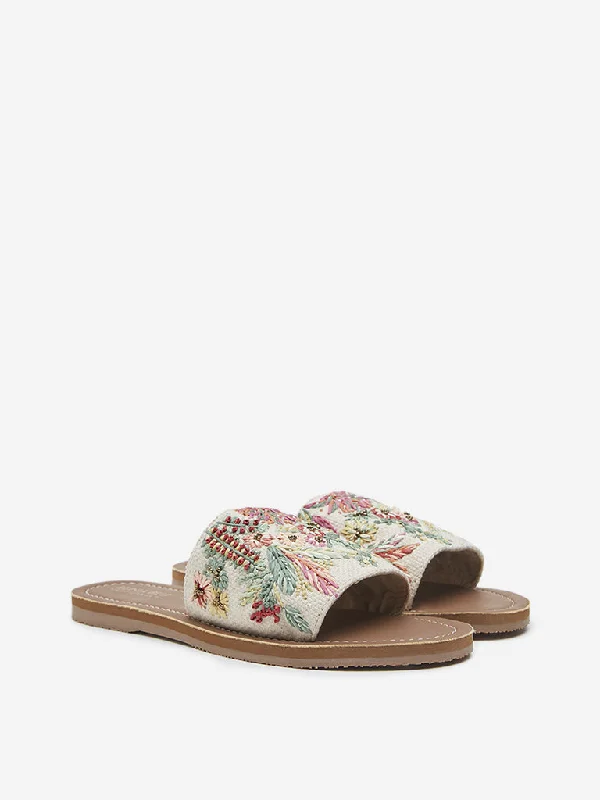 LUNA BLU Beige Floral Embroidered Slides