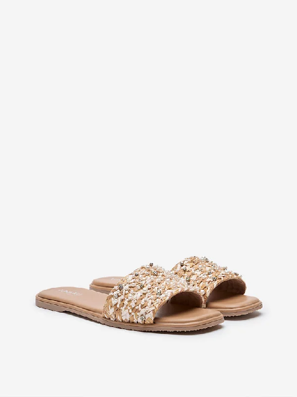 LUNA BLU Beige Pearl Embellished Slides