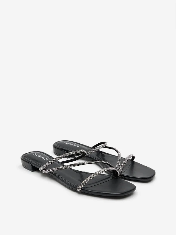 LUNA BLU Black Diamante Embellished Slides