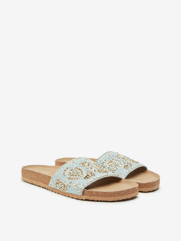 LUNA BLU Blue Paisley Embroidered Slides