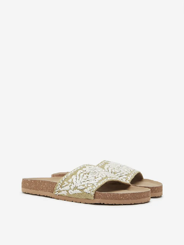 LUNA BLU Green Floral Embellished Artisanal Slides