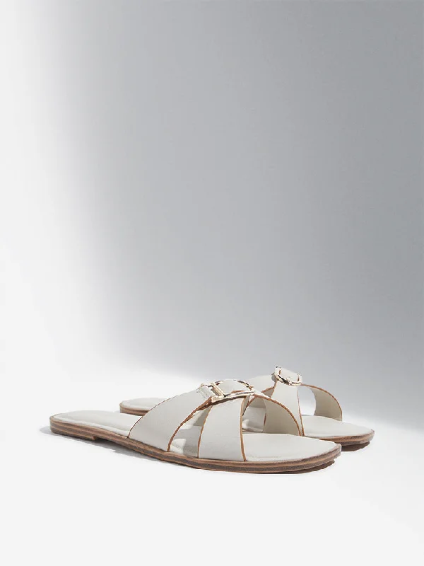 LUNA BLU Ivory Cross Strap Buckle Slides