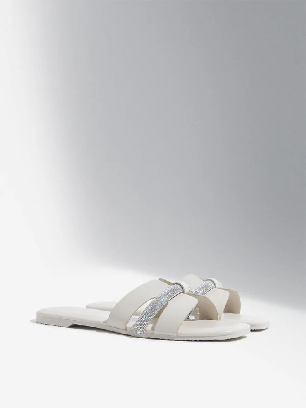 LUNA BLU Ivory Diamante Embellished Slides