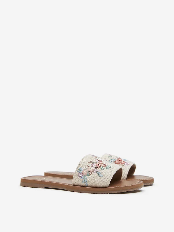 LUNA BLU Ivory Floral Embroidered Raffia Slides