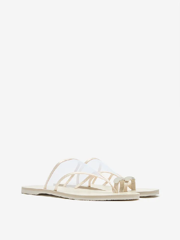 LUNA BLU Ivory Mesh Detailed Toe-Ring Slides