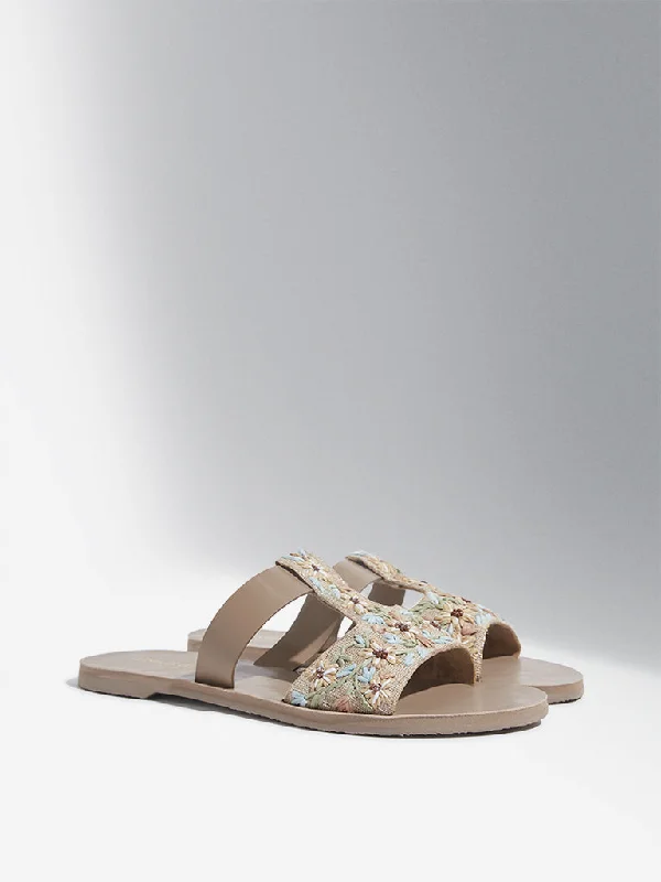 LUNA BLU Nude Embellished T-Strap Slides