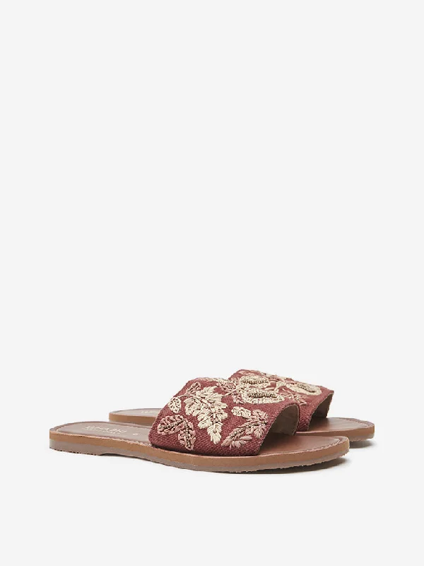 LUNA BLU Tan Embroidered Raffia Slides