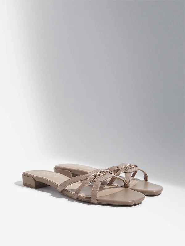 LUNA BLU Taupe Chain Detail Multi-Strap Slides